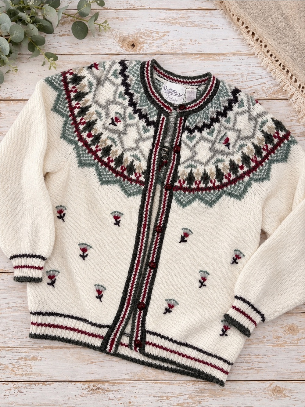 Reitmans VINTAGE Cream Cardigan with Green and Burgundy Fair Isle Yoke
